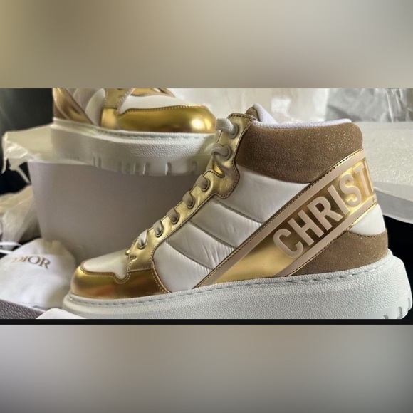 CHRISTIAN DIOR D-Player High Top Sneakers White & Gold Luxury  Women 39 - Picture 1 of 5